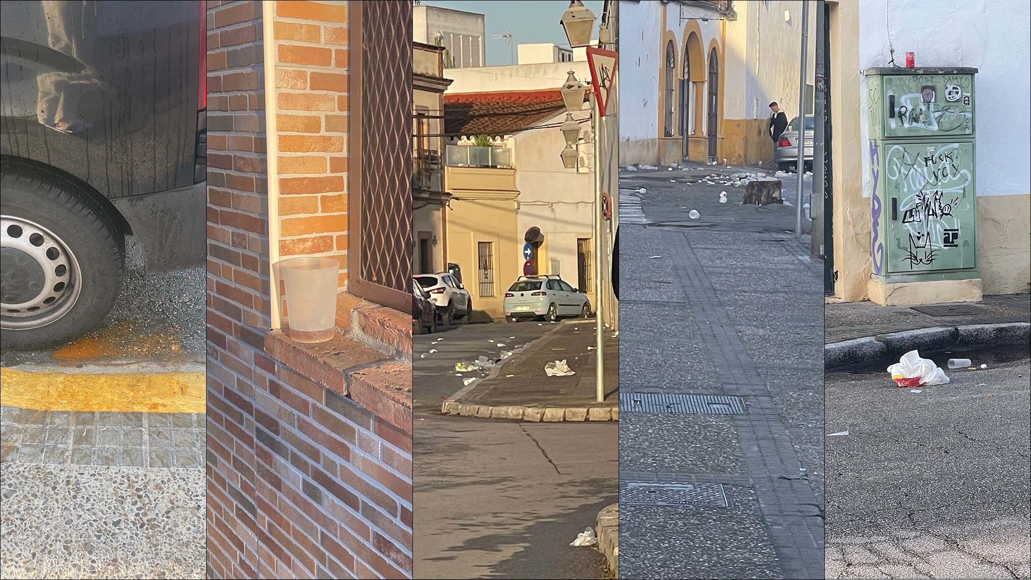 Coches golpeados, bolsas en el suelo, orín y desperfectos en el entorno de la Sala La Comedia de Jerez.
