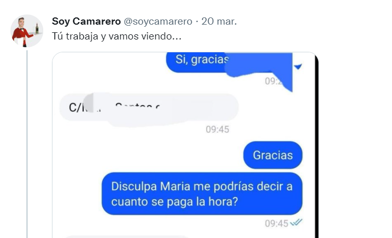 Tweet de @soy camarero Nuevo caso de intento de abuso laboral a una camarera: "Tú trabajas y ya vamos viendo"