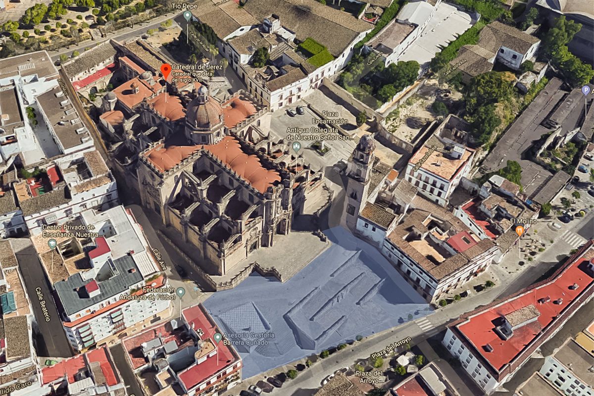 Imagen aérea de la Torre de la Catedral de Jerez en Google Maps.