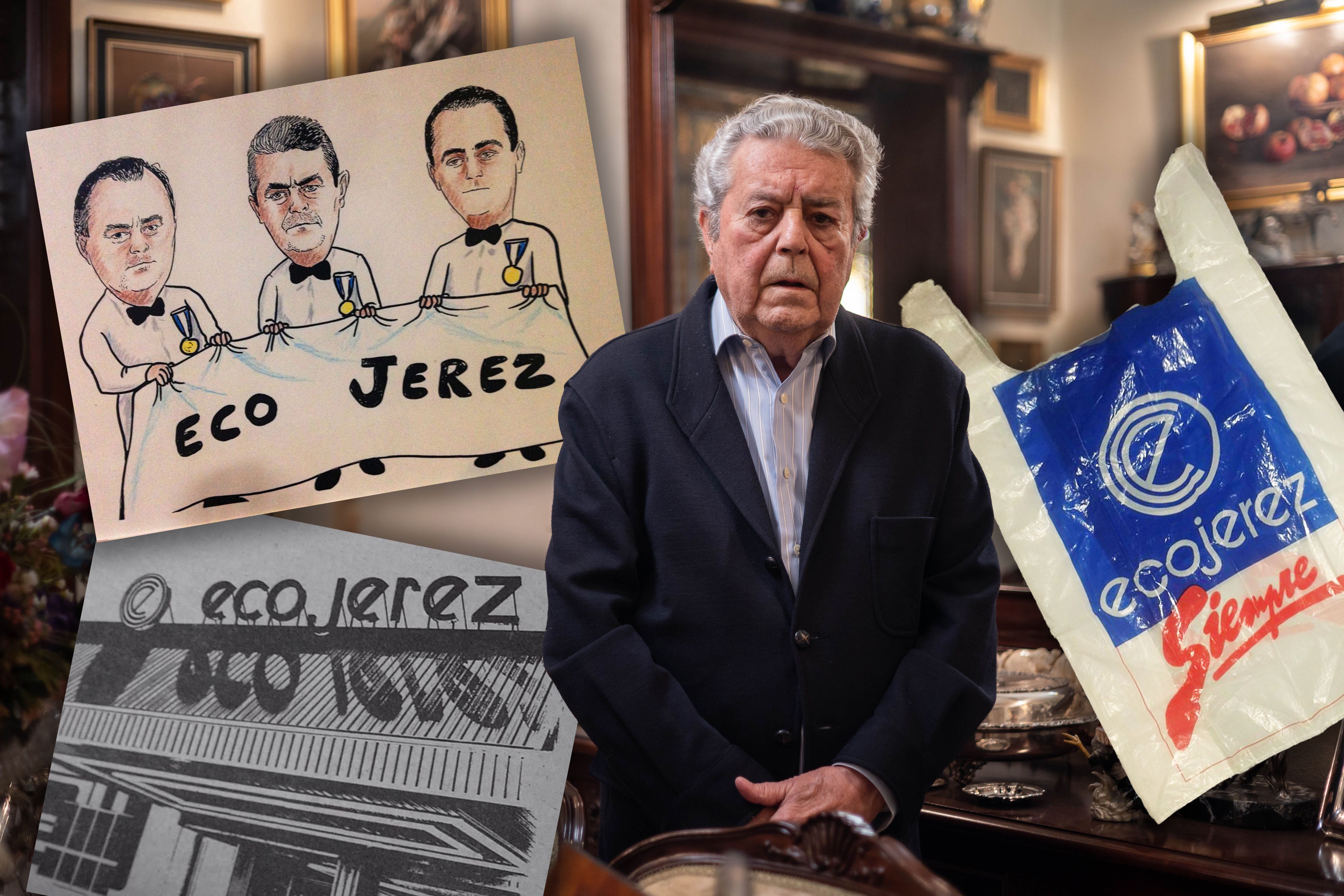 Ricardo Muñoz Torrado, en el centro de la imagen, tras su encuentro con lavozdelsur.es. En la imagen, una caricatura con los tres hermanos Muños Torrado y recuerdos de EcoJerez.