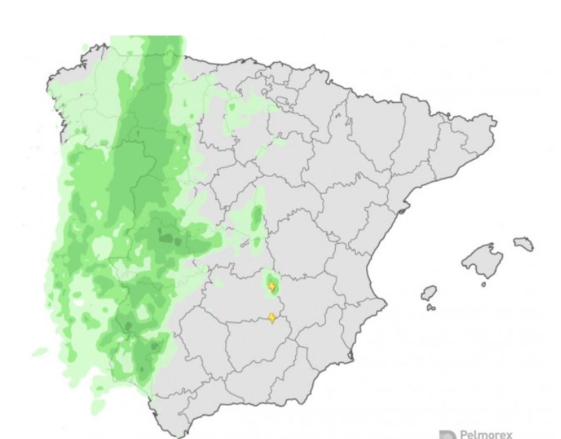 Mapa de situación del frente de lluvias para el lunes a las 20 horas.   AEMET