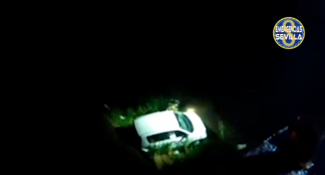 El turismo accidentado, tras caer a un canal de riego desde ocho metros de altura.