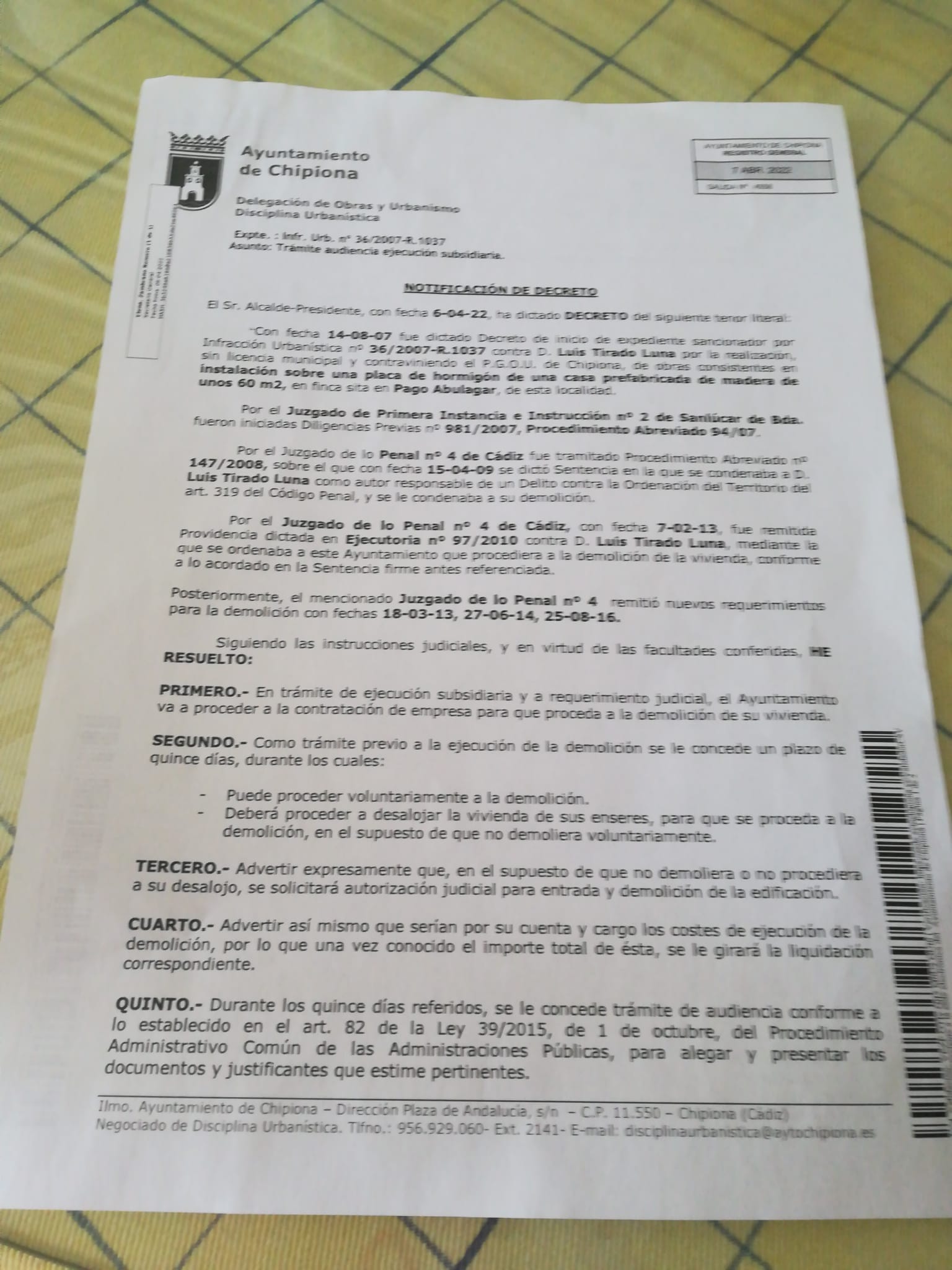 Documento enviado por el Ayuntamiento al matrimonio.