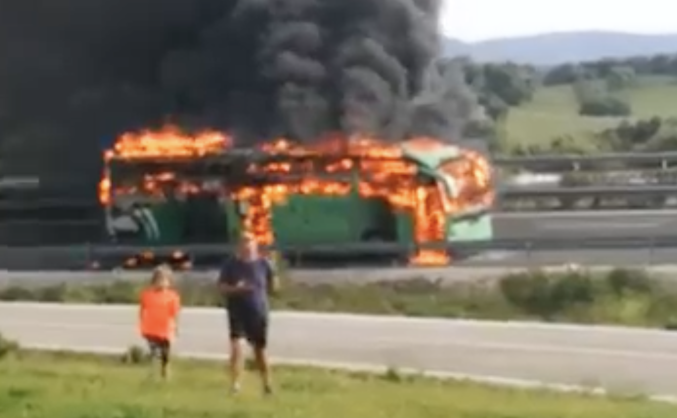 El autobús de la empresa Comes, pasto de las llamas en plena A-381, este pasado domingo.