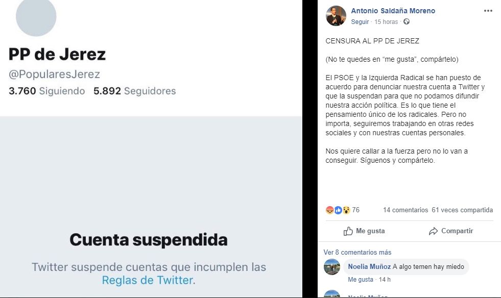 Antonio Saldaña acusa al "PSOE y a la izquierda radical" de la suspensión de la cuenta de los populares jerezanos.