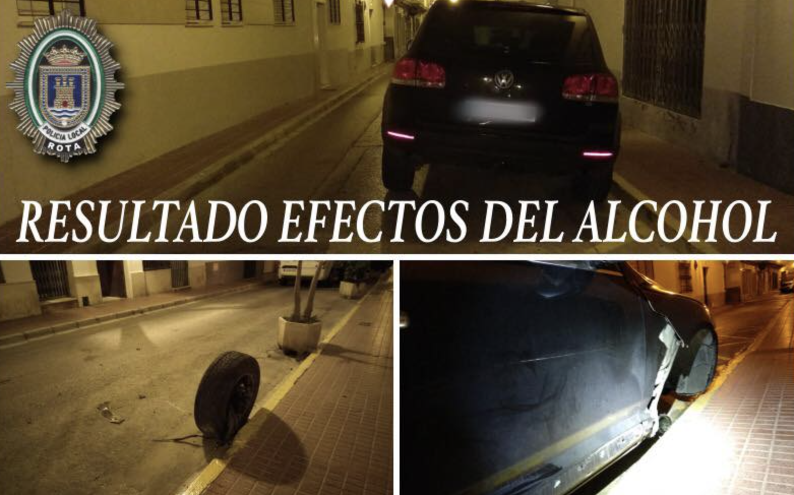 Un conductor ebrio se estampa contra una acera y la rueda del coche sale rodando en Rota. Un conductor ebrio se estampa contra una acera y la rueda del coche sale rodando en Rota.