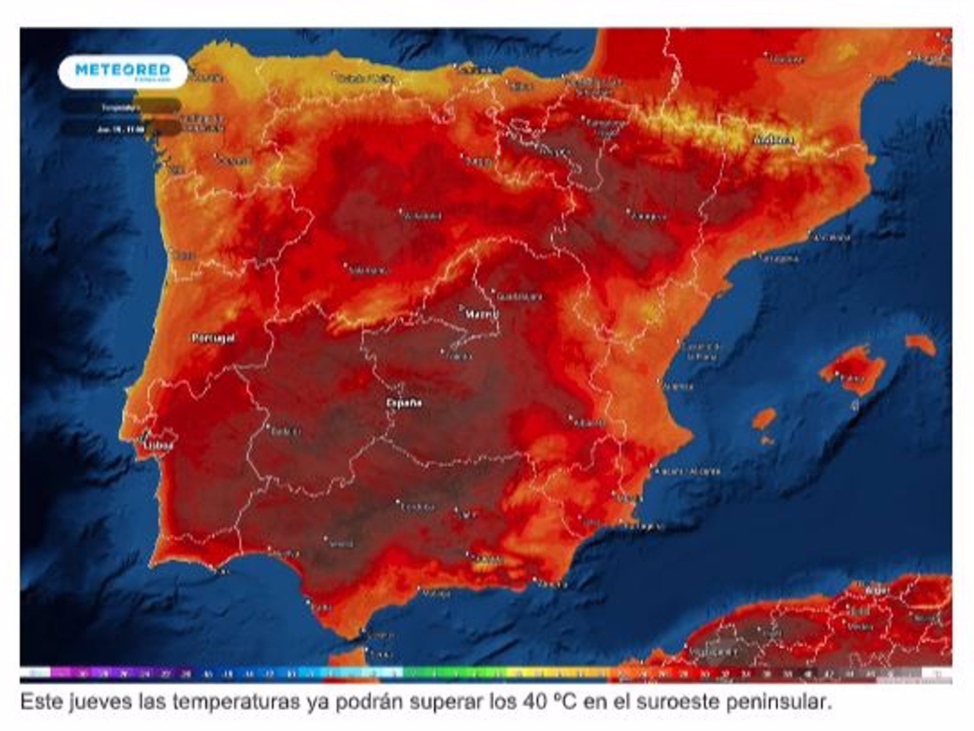 España 'en rojo' por un latigazo de calor insólito en mayo: hasta 44 grados. Mapa de temperaturas previsto para esta semana, en un gráfico de Meteored.