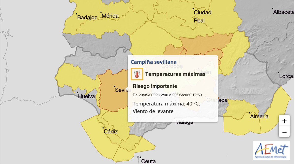Avisos amarillo y naranja en Sevilla por calor extremo; Levante fuerza 7 en Cádiz y Almería.