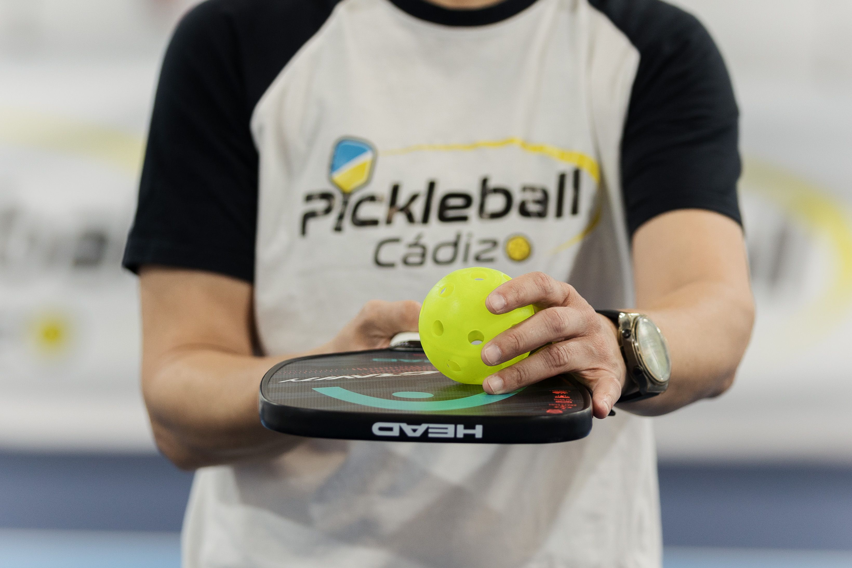 Pala y bola necesarias para jugar al 'pickleball'.