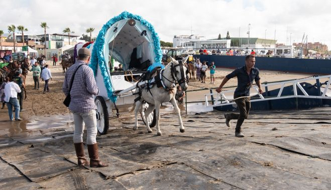 El Carrero tirando de la mula, obligándola a subir a la barcaza.      CANDELA NUÑEZ 