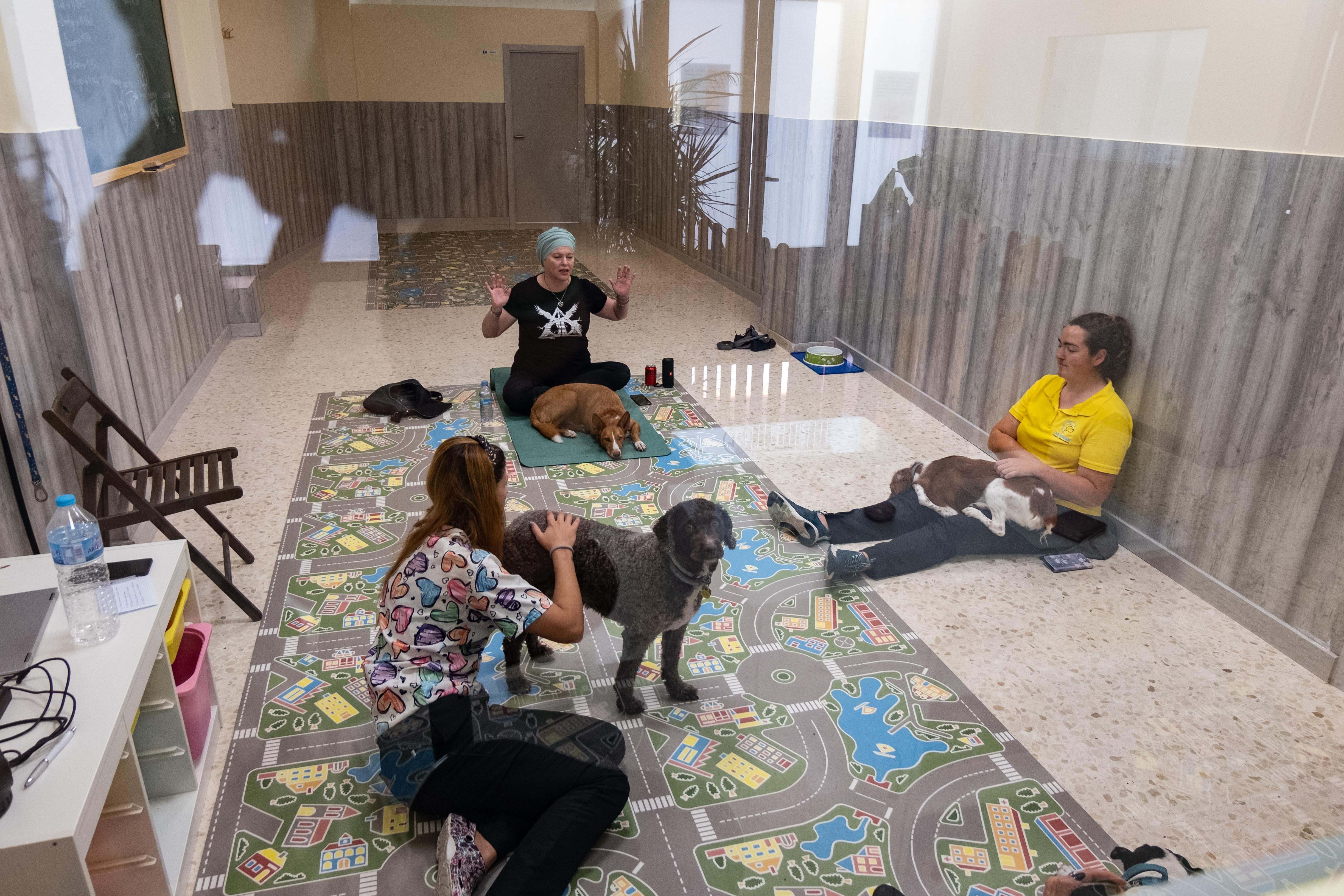 Emma, profesora finlandesa de reiki, en una clase con los perros de la escuela