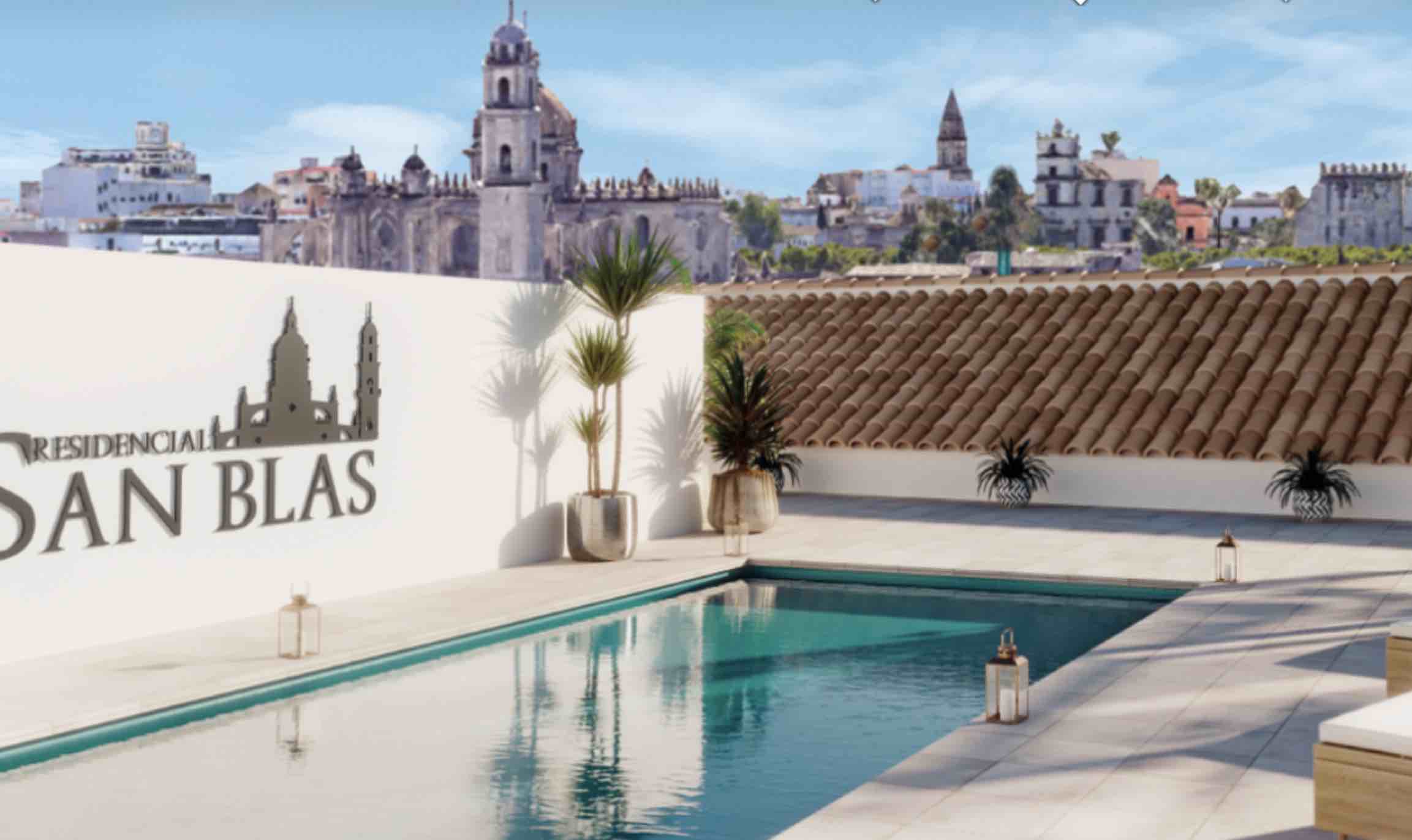 Recreación virtual de la piscina en Residencial San Blas, con la Catedral de Jerez al fondo.