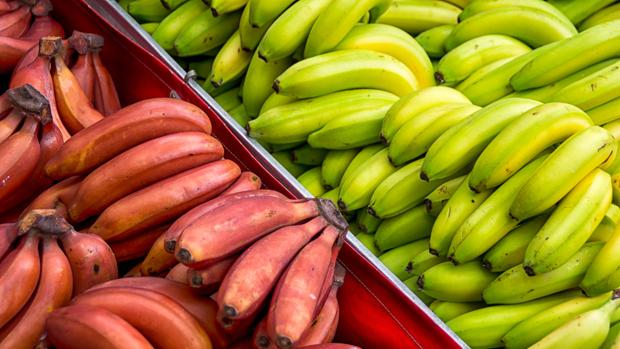 Cambios en los alimento: carne 'sin carne' y plátanos rojos. Plátanos rojos y plátanos amarillos en una fotografía de archivo.