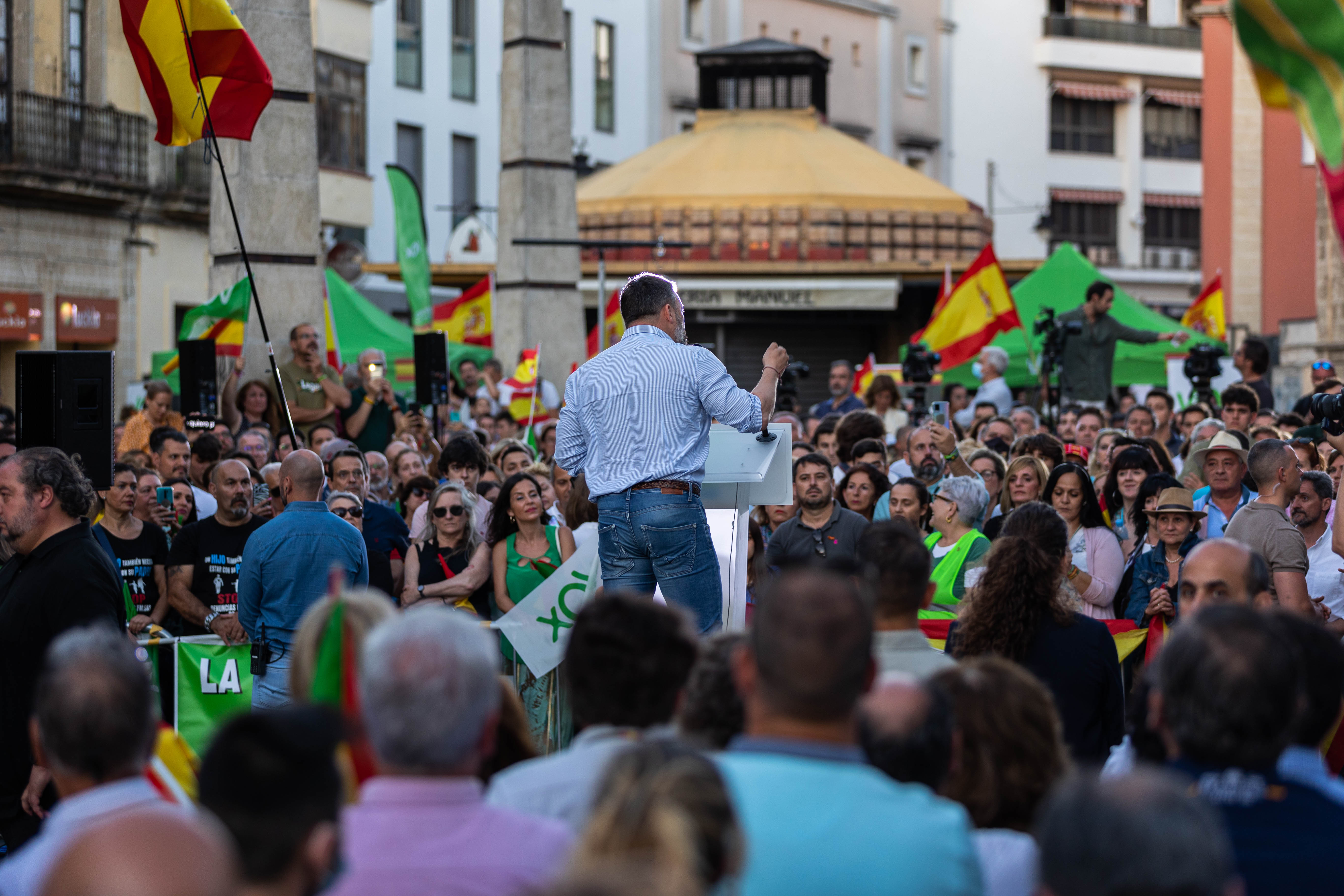 Santiago Abascal, líder de Vox, en el mitin celebrado en Jerez por el 19J.