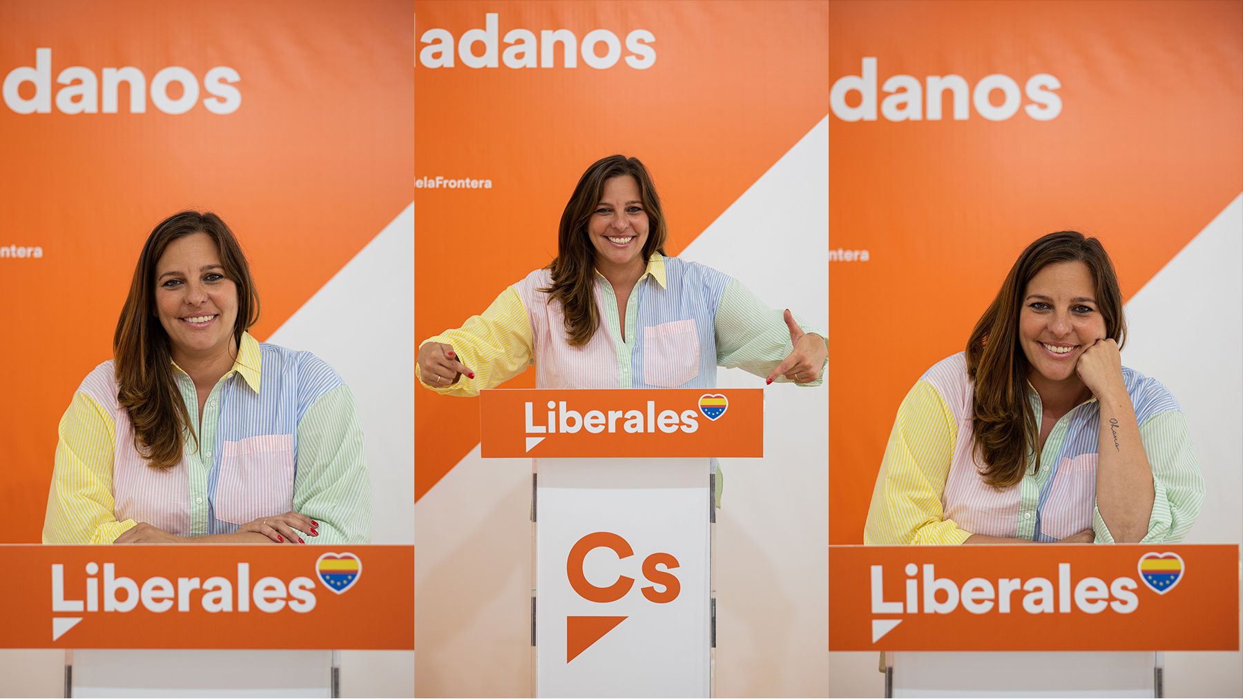 Estefanía Brazo, candidata al Parlamento en la lista de Ciudadanos en Cádiz, posa en el atril de la sede provincial del partido, este lunes en Jerez.