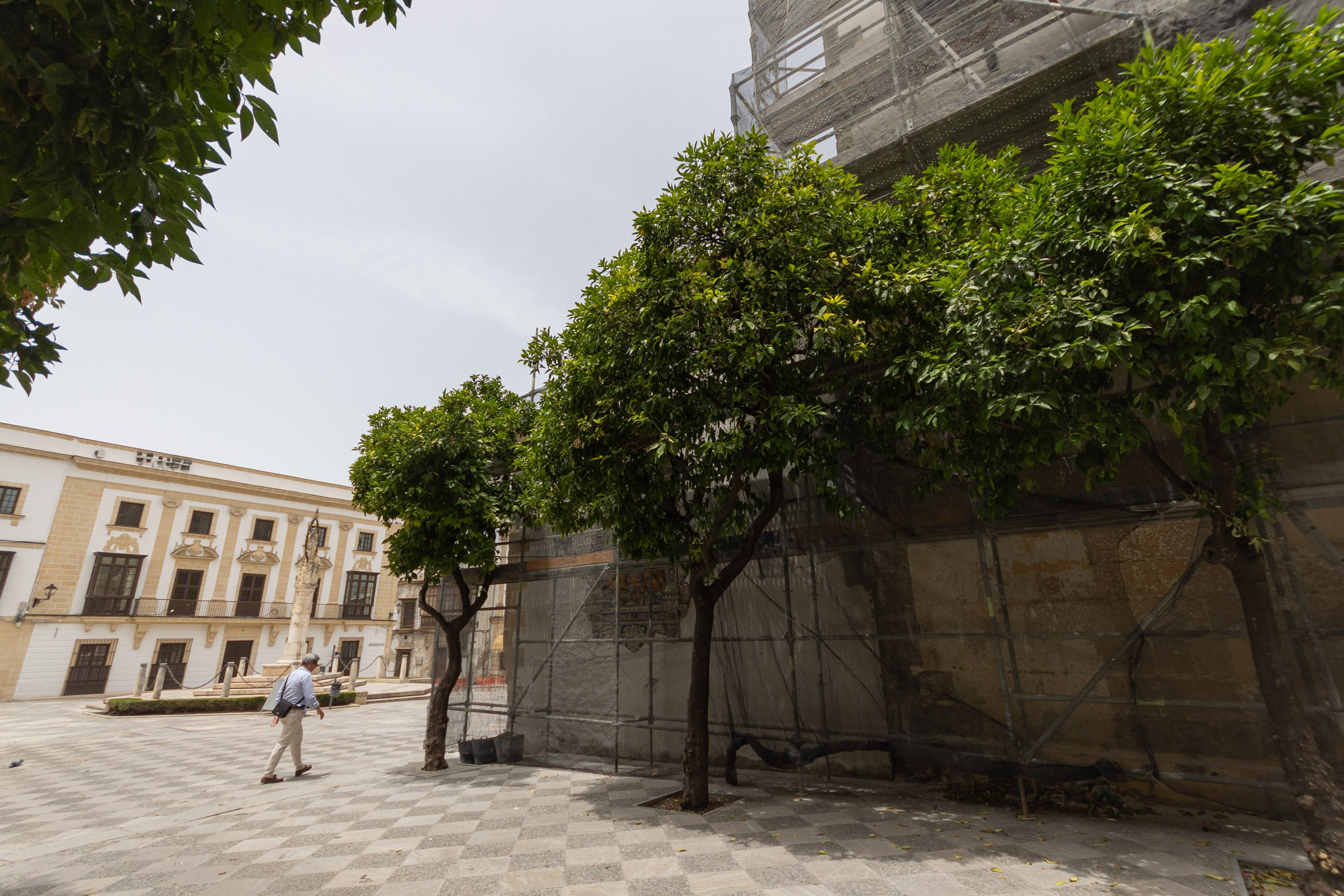 Paramento lateral de San Dionisio con el andamiaje montado y protegido.  MANU GARCÍA