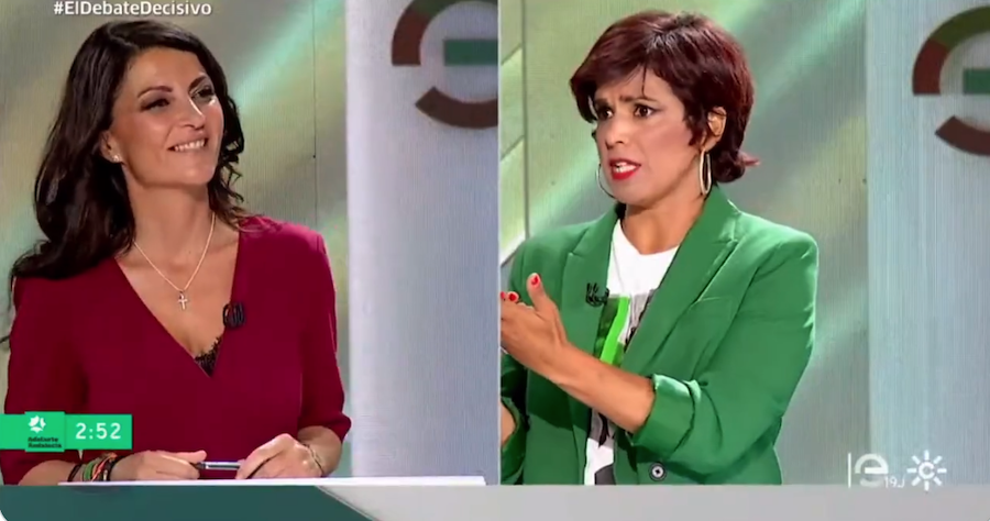 Teresa Rodríguez, en el debate, llamando "Iberdrolona" a Macarena Olona.
