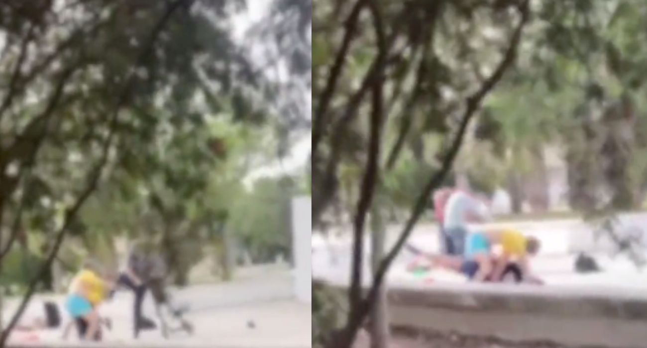 Dos momentos de la pelea entre varias personas en una plaza de Cádiz.