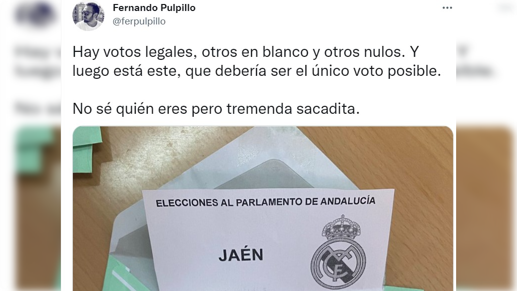 Captura de Twitter del voto encontrado en Jaén.  La papeleta encontrada en un colegio electoral de Jaén se hace viral por su "lista personal de representantes"