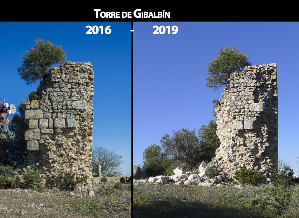 La torre de Gibalbín, en dos fotos comparativas, de 2016 y 2019. Imagen del Ateneo Arbonaida de El Cuervo de Sevilla.