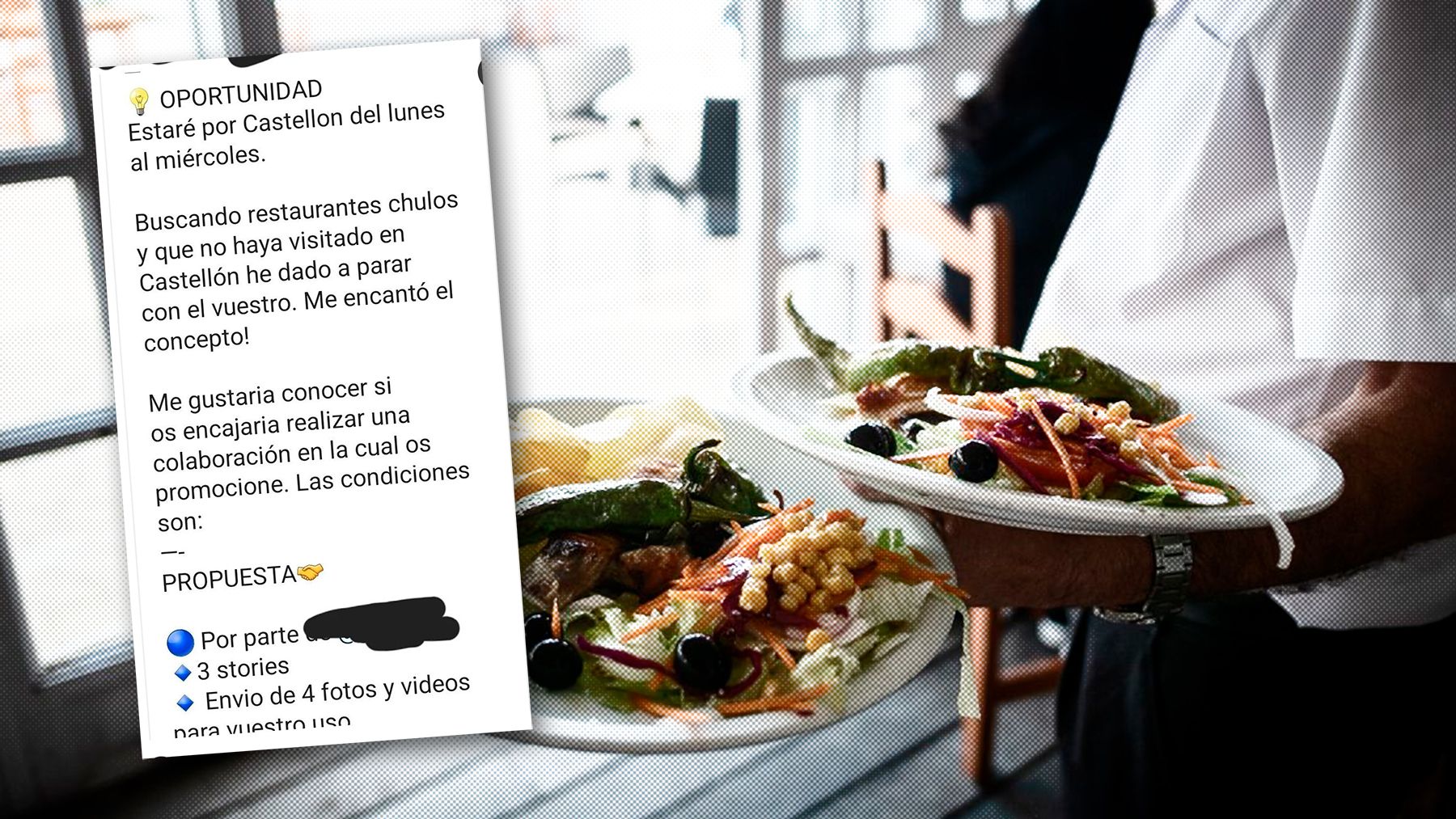 Mensajes del 'influencer' que pretende comer gratis.