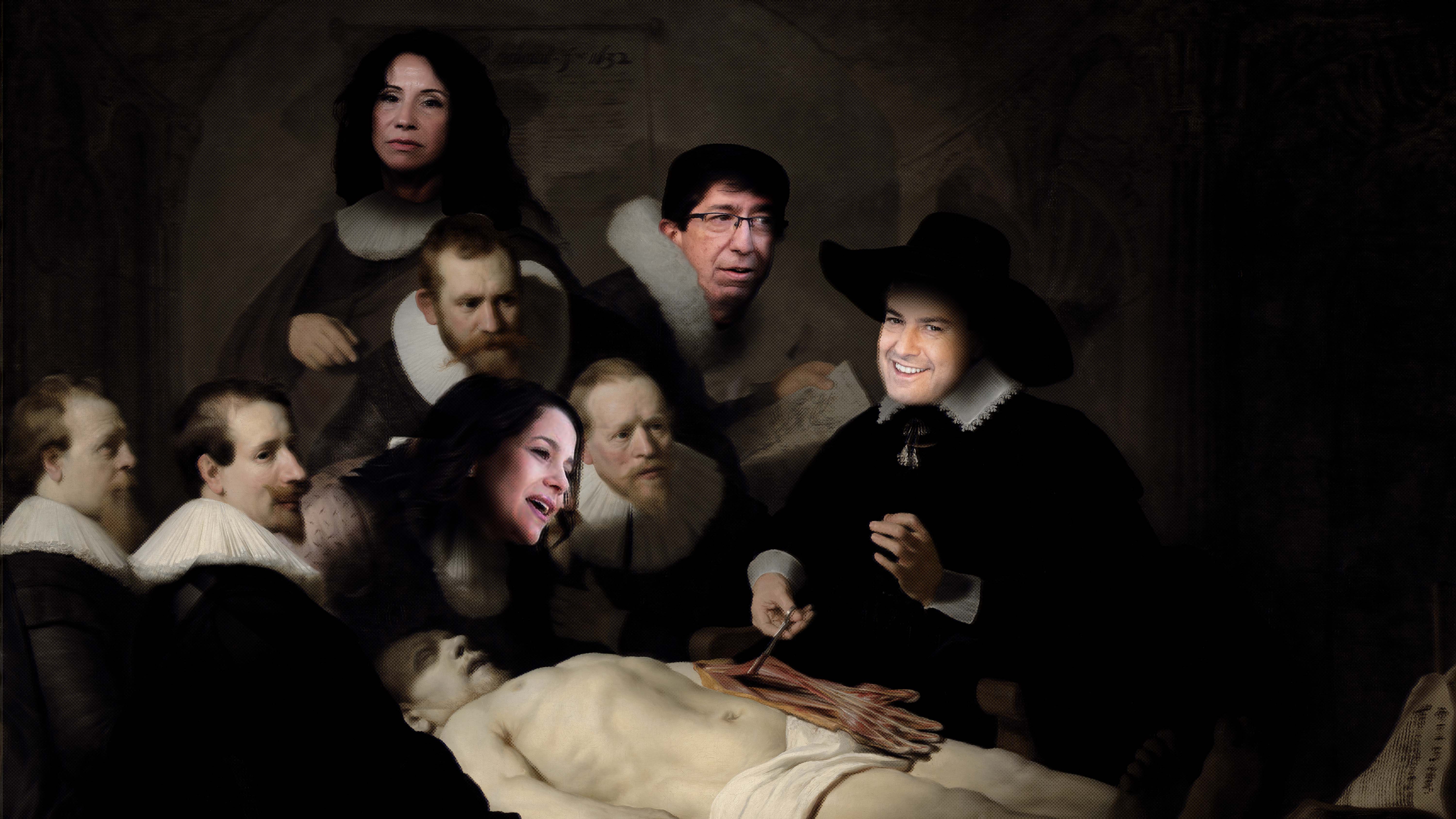 'Lección de anatomía del Dr. Nicolaes Tulp', obra de Rembrandt, versión Ciudadanos Andalucía. En el fotomontaje, Ruiz, Arrimadas, Marín y Moreno. 'Lección de anatomía del Dr. Nicolaes Tulp', obra de Rembrandt, versión Ciudadanos Andalucía. En el fotomontaje, Ruiz, Arrimadas, Marín y Moreno.