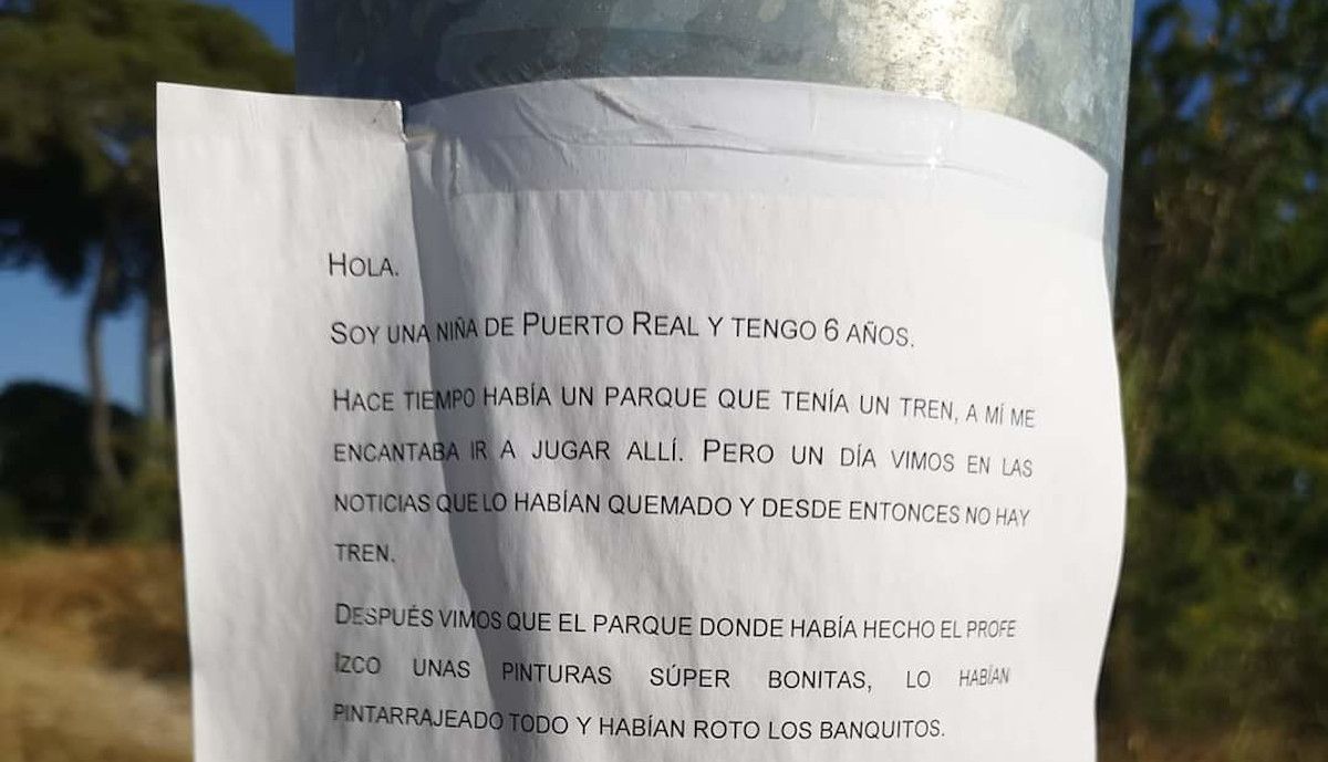 La carta de una niña de 6 años pegada a un poste en Puerto Real.