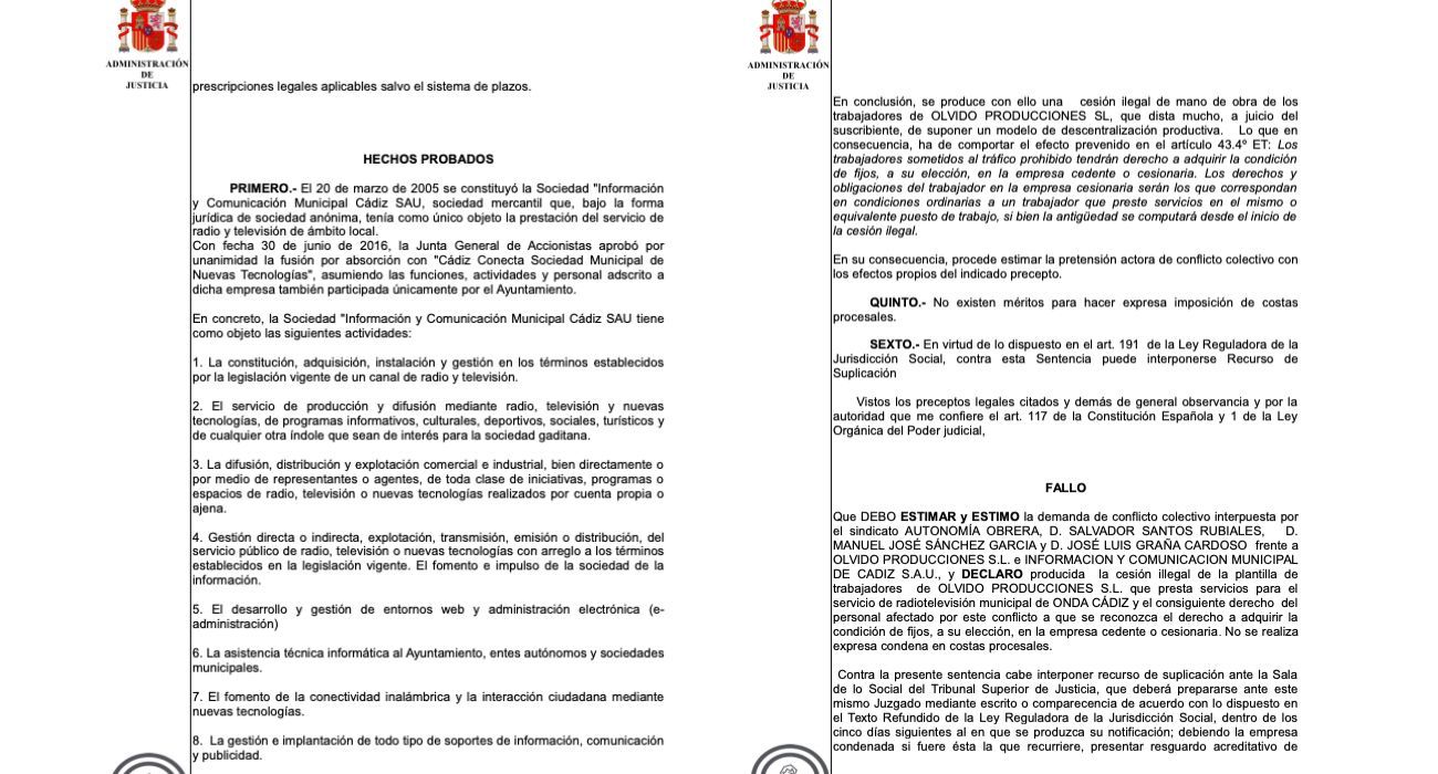 Dos extractos de la sentencia judicial que estima que existió una cesión ilegal de trabajadores de Olvido Producciones a Onda Cádiz.