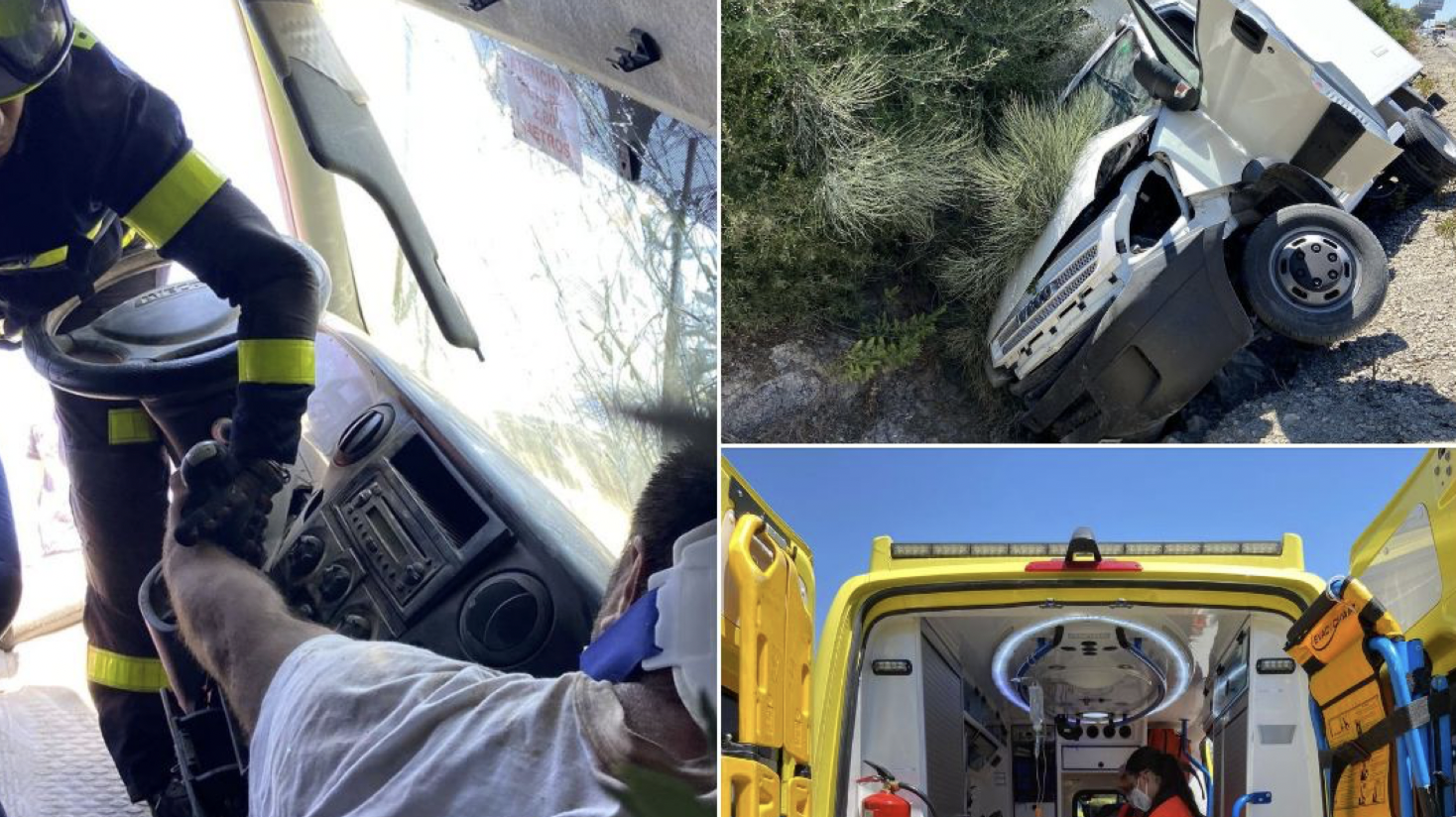 Herido grave al volcar una furgoneta frigorífica a la altura del puente de Las Tablas en Jerez.