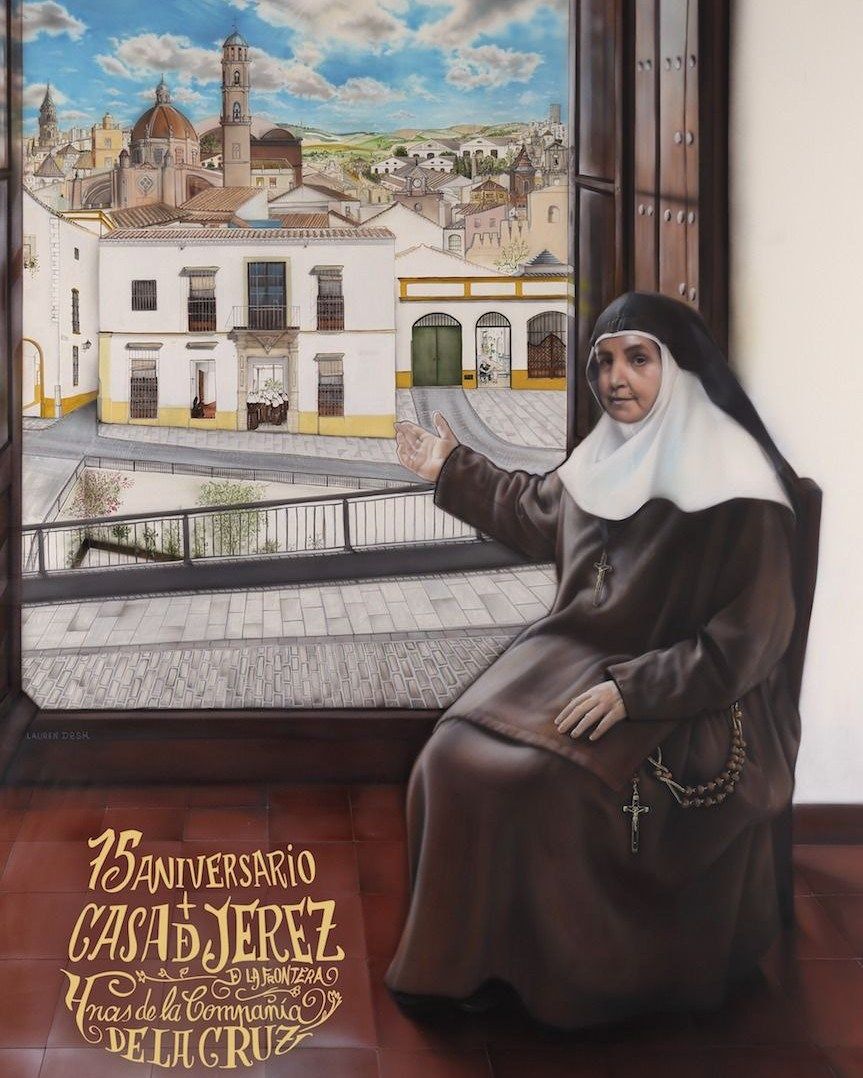 Cartel que anuncia los 75 años en Jerez de las Hermanas de la Cruz.