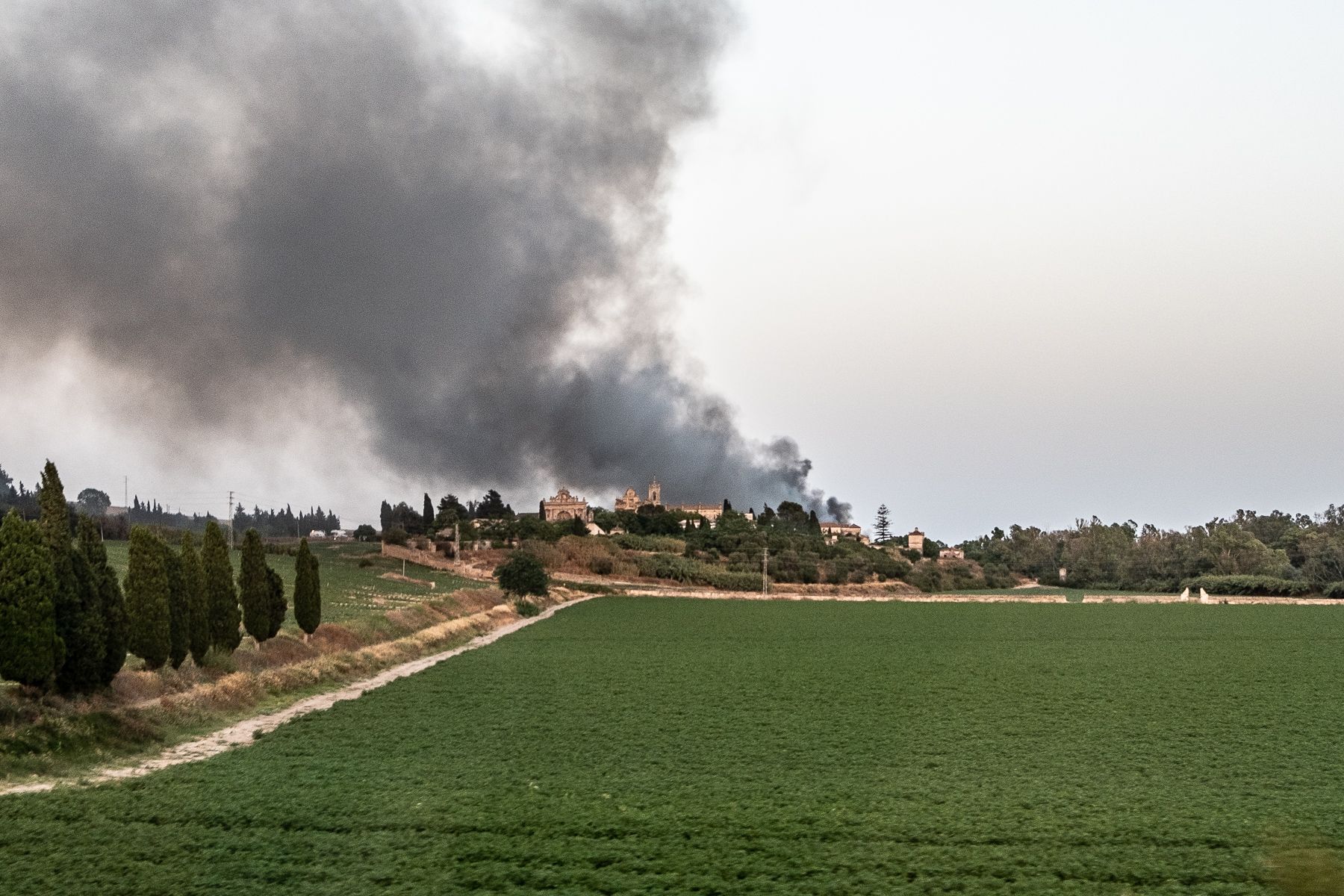 Humo al fondo de La Cartuja.