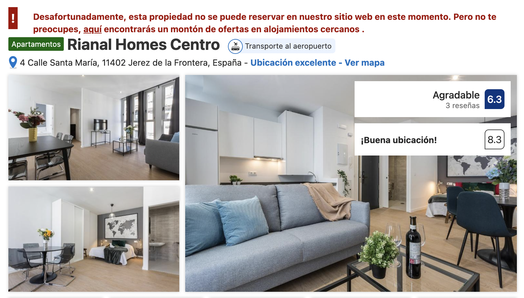 Anuncio en Booking, portal turístico, de Rianal Homes Centro, en Jerez, actualmente con las reservas desactivadas.