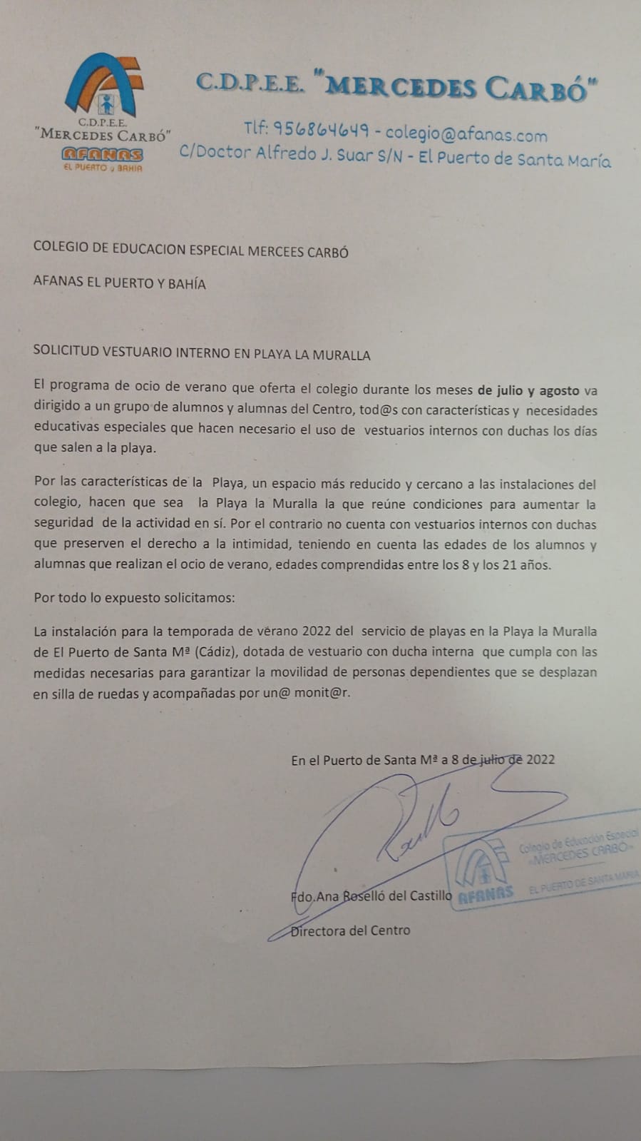 Solicitud enviada por la directora del Colegio de Educación Especial Mercedes Carbó.