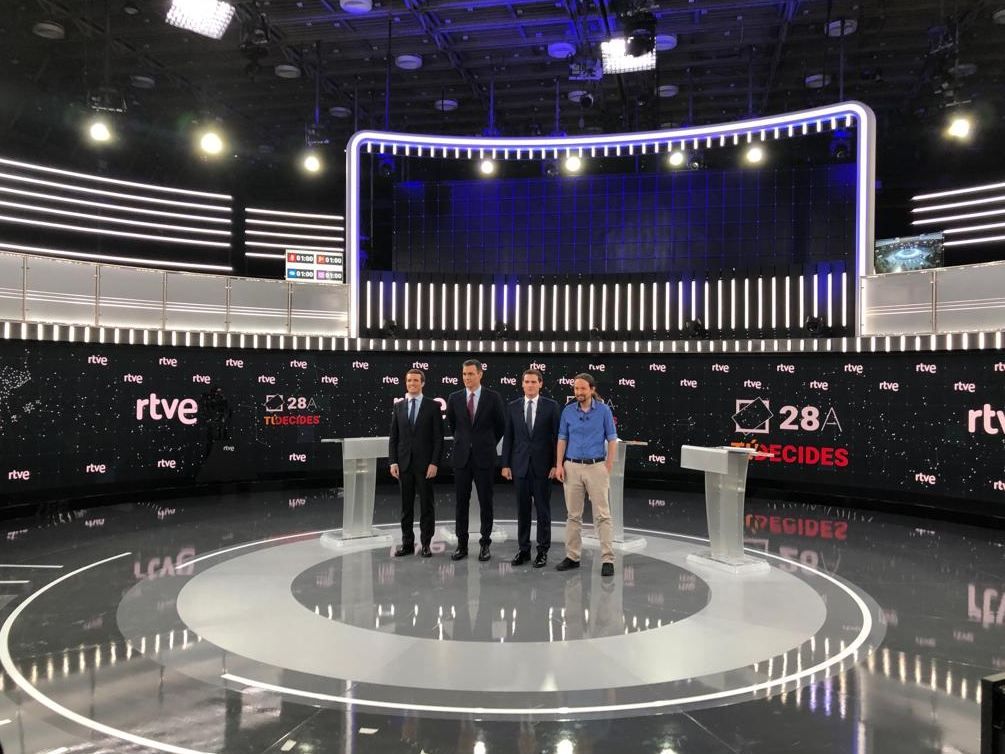 Pedro Sánchez, Pablo Casado, Albert Rivera y Pablo Iglesias en el debate electoral. FOTO: RTVE