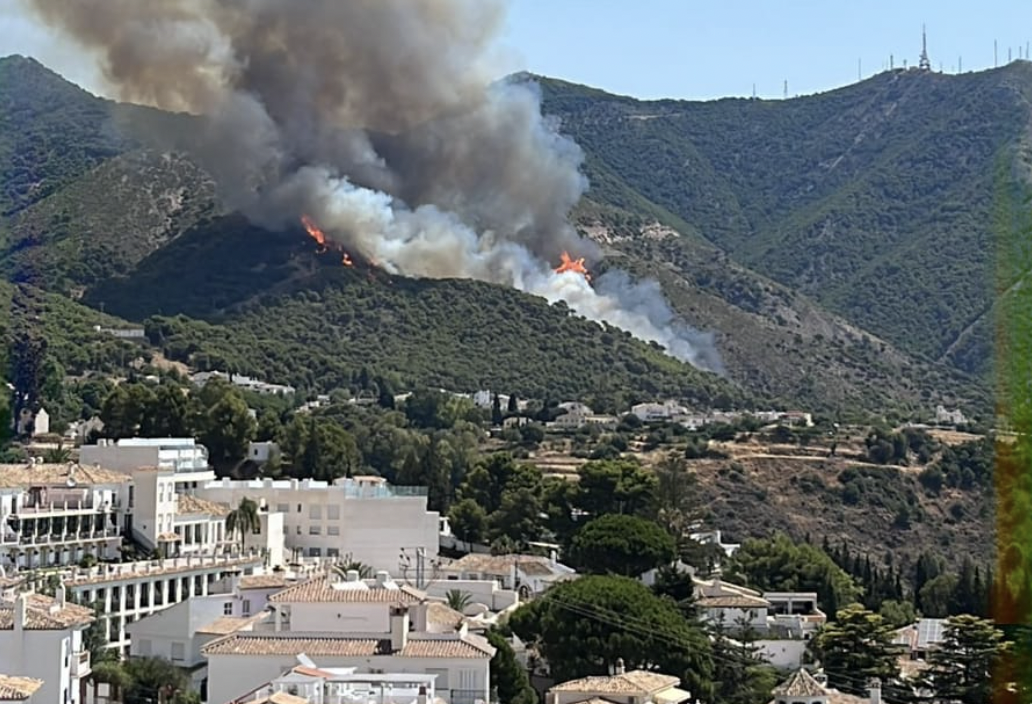 300 efectivos luchan contra el fuego en Mijas: 2.300 evacuados de sus casas. En la imagen, este pasado viernes, el fuego en el paraje del Higuerón.