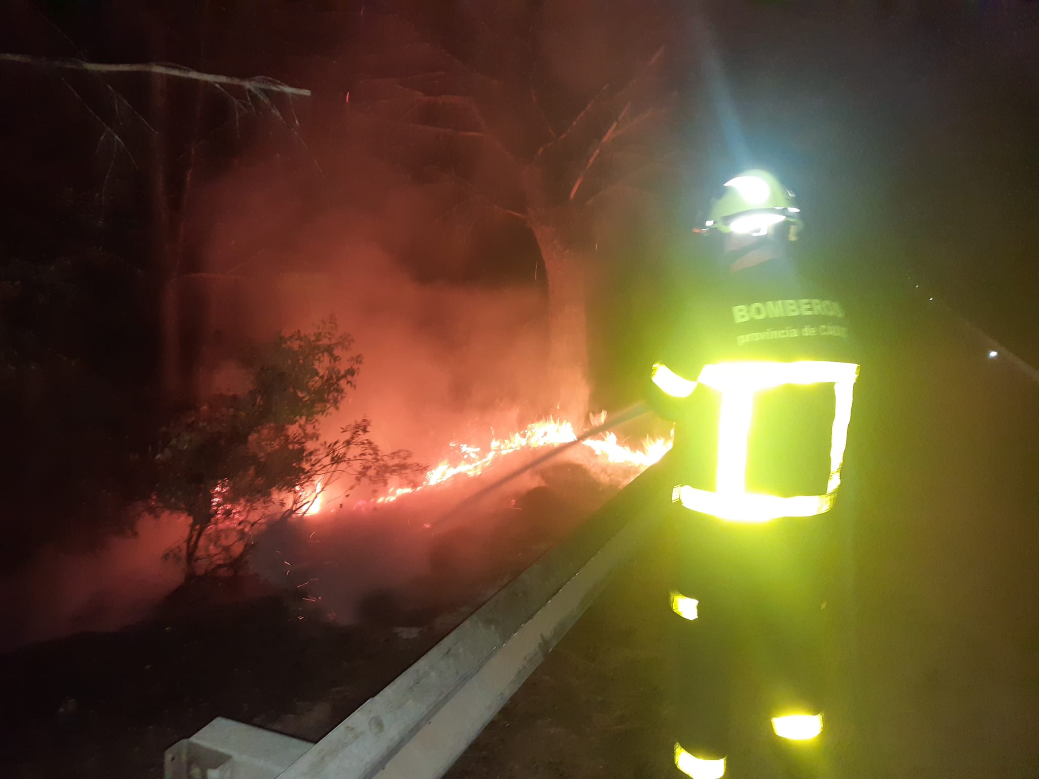 Nuevo susto en la AP-4 de Cádiz: un incendio prende 2.000 metros de matorrales y arbolado.   BOMBEROS