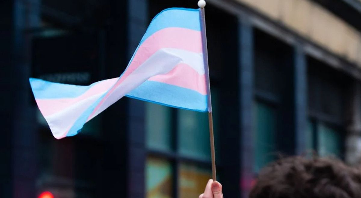 Una bandera trans, durante una manifestación.