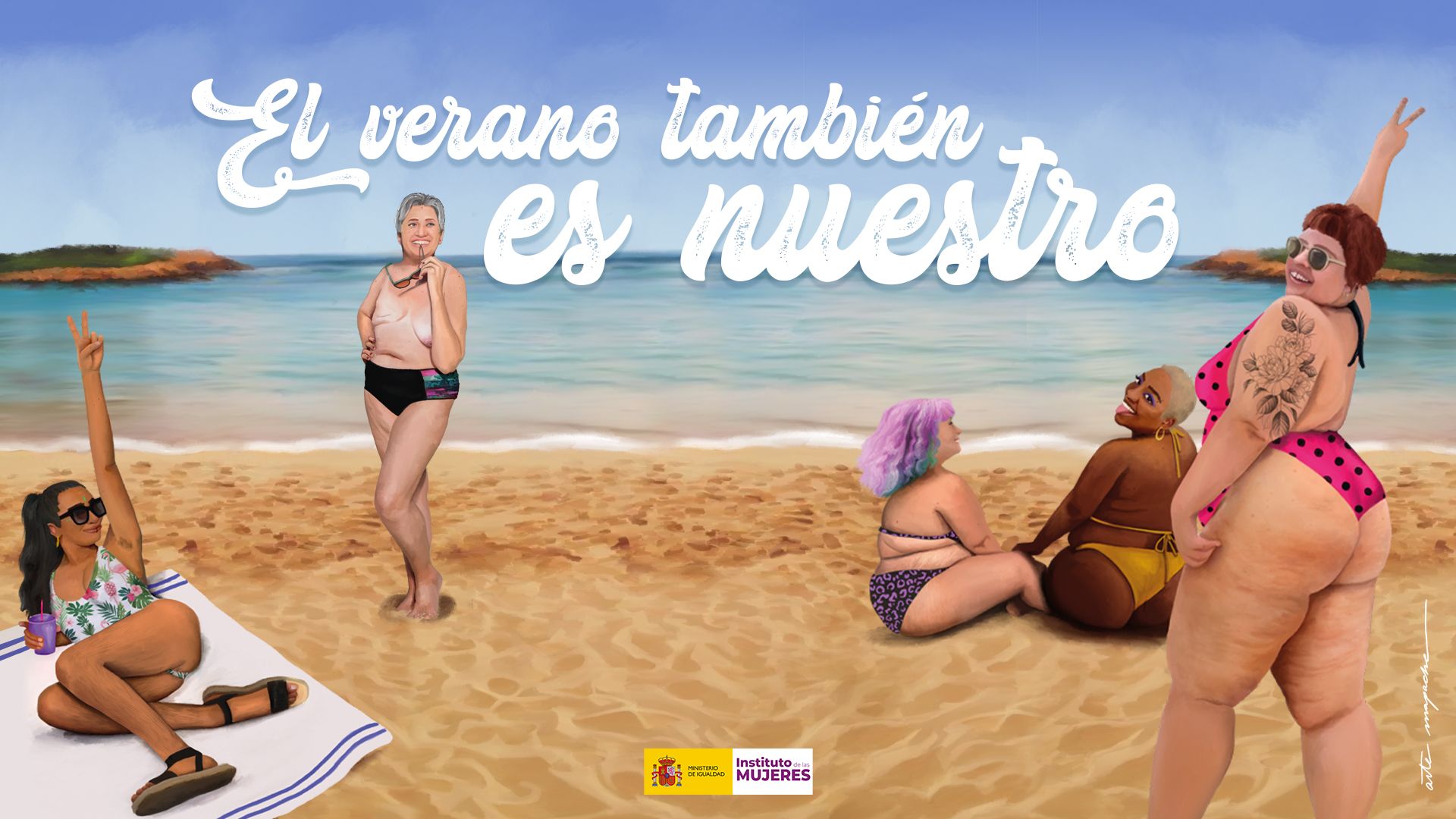 Ilustración de la criticada campaña del Ministerio de Igualdad. El ataque de los gordófobos de playa. De mentiras e Igualdad
