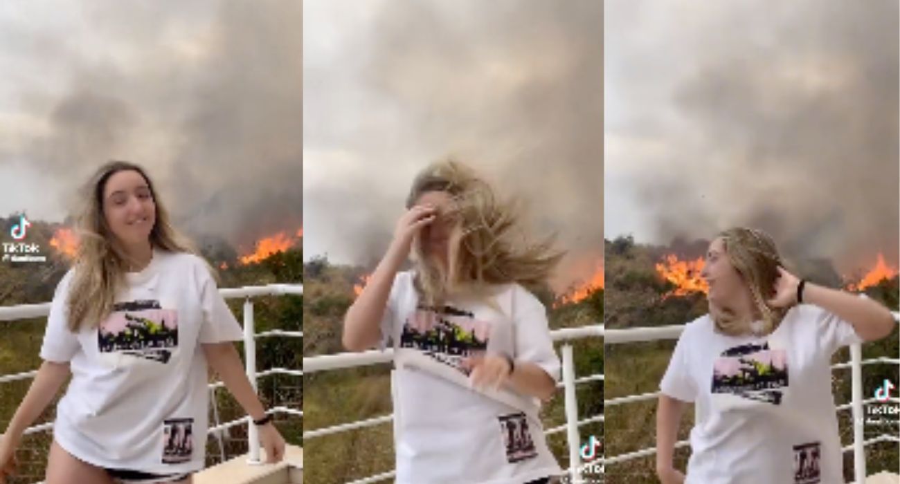 Imágenes de la joven haciendo un baile en TikTok con un incendio forestal detrás.