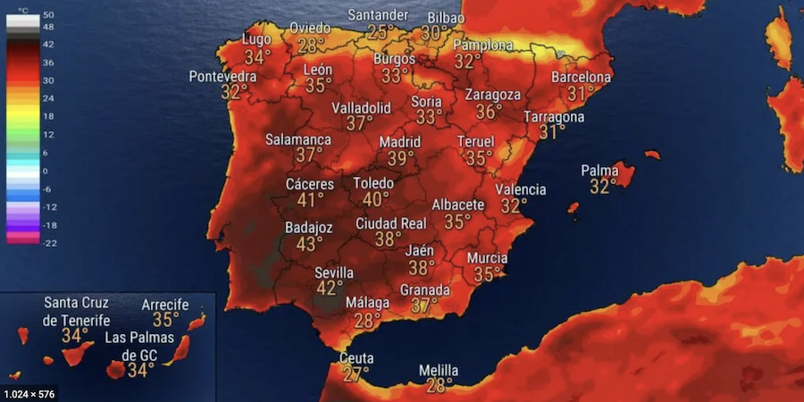 Mapa de España en plena ola de calor de julio.