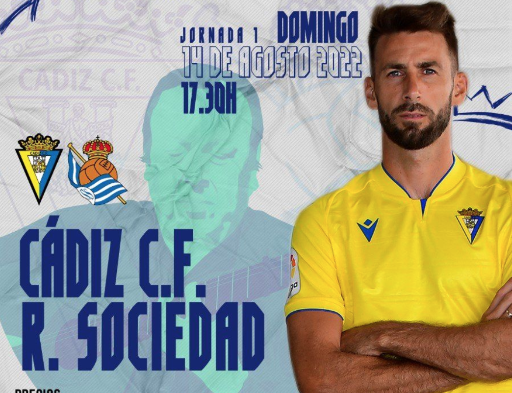 Cartel del partido Cádiz - Real Sociedad en el Nuevo Mirandilla con ilustración de Cepero.
