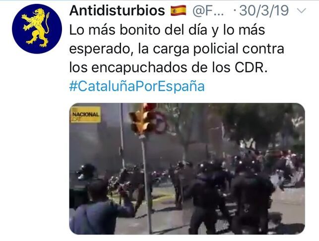 Tuit del agente Miguel Z. ensalzando las acciones de los antidisturbios en Cataluña. FOTO: eldiario.es
