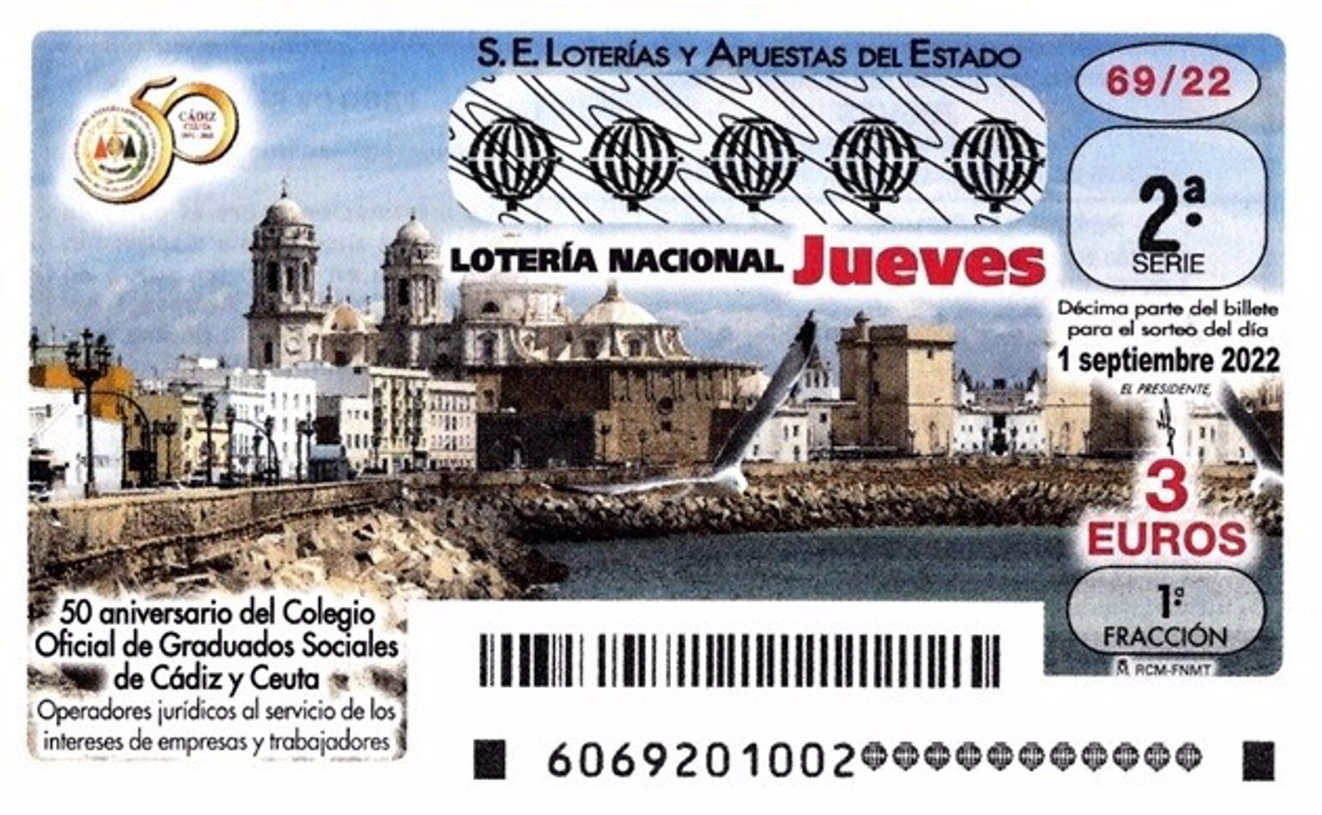 Décimo del Sorteo Lotería Nacional Colegio Graduados Sociales del 1 de septiembre de 2022.