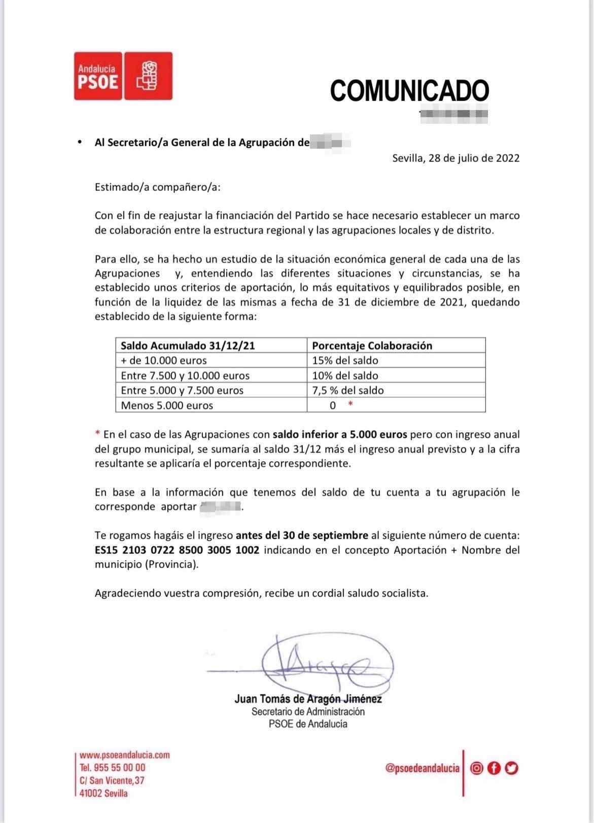Comunicado del PSOE reclamando dinero a sus agrupaciones. 