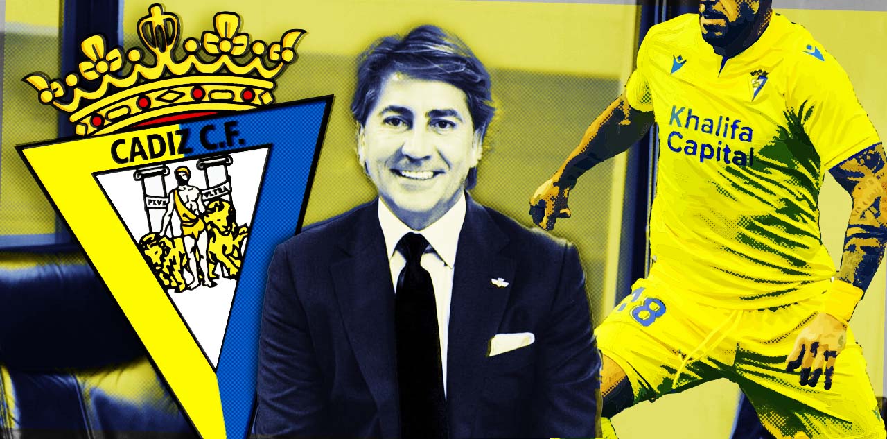 Jose María Núñez, CEO de Khalifa Capital, patrocinador principal del Cádiz CF. En el fotomontaje, el escudo del club y una camiseta con su principal patrocinador.