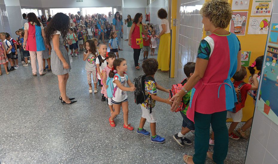 Grupos de alumnos de infantil organizados en fila para entrar en clase.