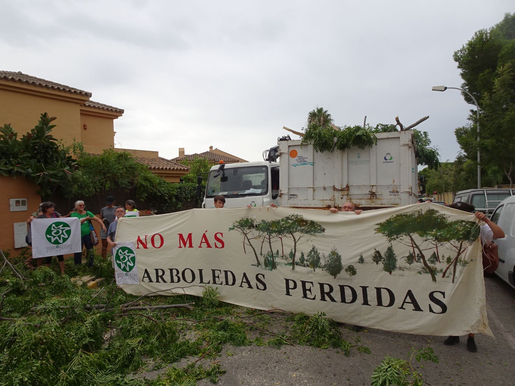 Activistas de Ecologistas en Acción y vecinos paralizan una tala masiva de árboles en la urbanización El Ancla, en El Puerto.
