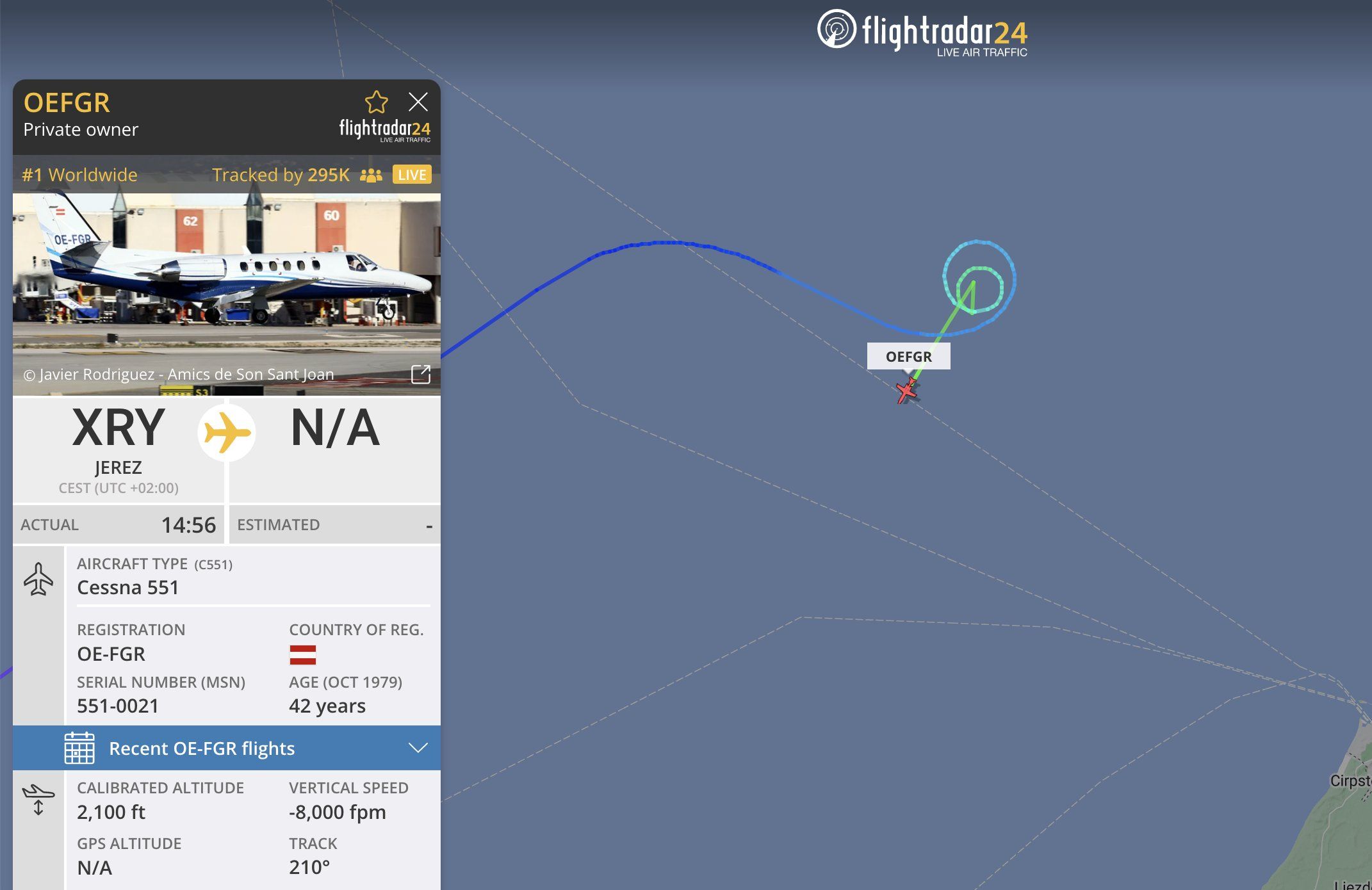 La aeronave, un avión Cessna 551, (OE-FGR) había despegado de Jerez sobre las 14:56 horas