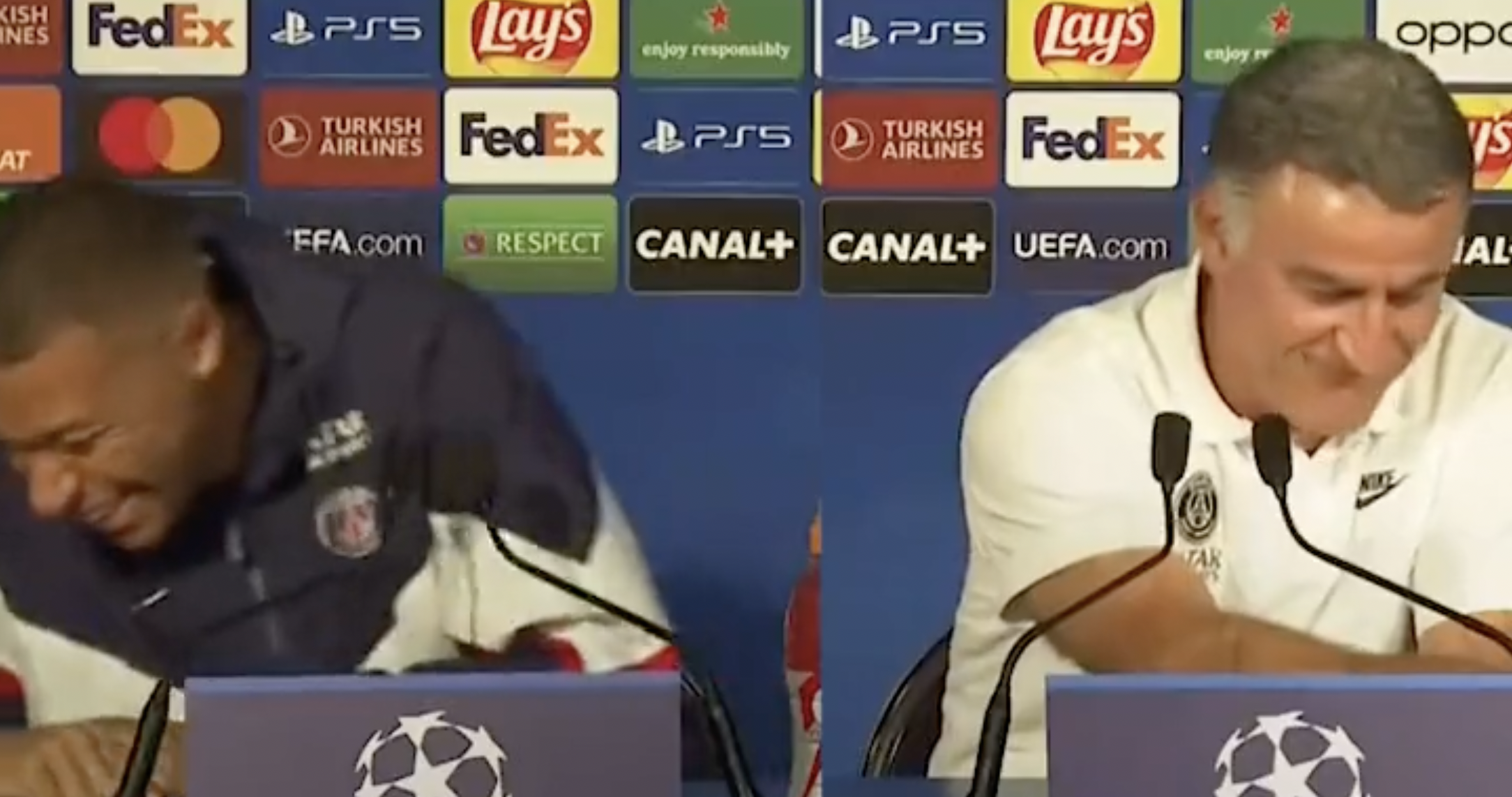 Kyllian Mbappé y Cristophe Galtier se tomaron a guasa la pregunta sobre si cambiarían el avión privado por el tren. Kyllian Mbappé y Cristophe Galtier se tomaron a guasa la pregunta sobre si cambiarían el avión privado por el tren.