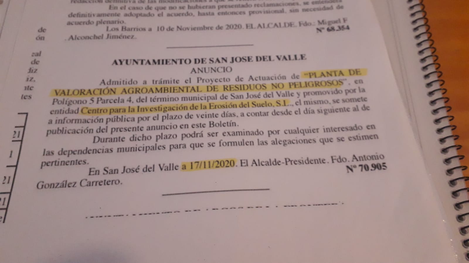 Anuncio colocado en el tablón de anuncios del ayuntamiento de San José del Valle.